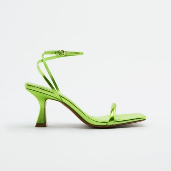 NWT Zara Retro Strappy Square Toe Metallic Lime Green Heeled Sandals - Picture 2 of 4
